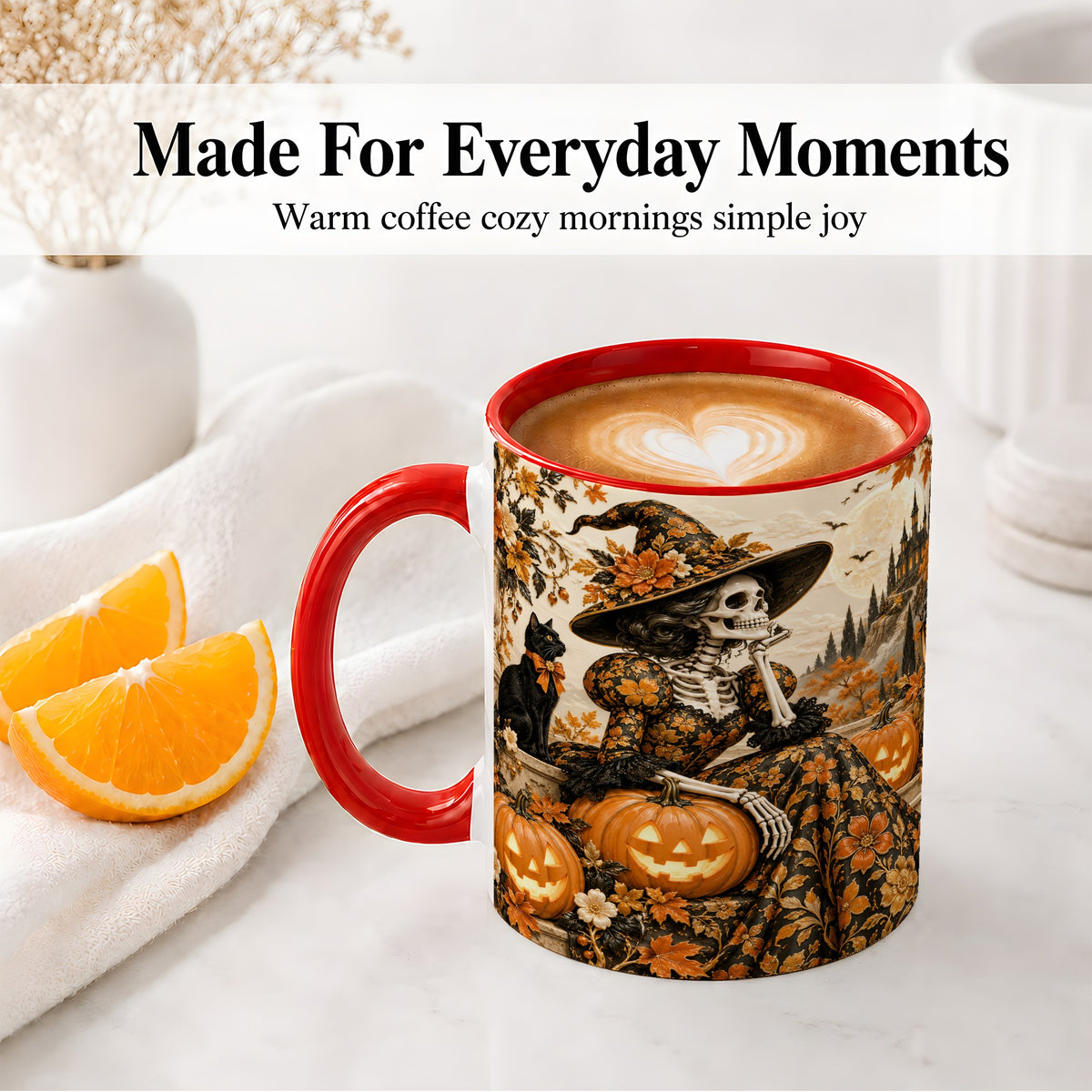 #pl[11oz|Red] Gothic Halloween Ceramic Mug, Skeleton Witch and Black Cat Artwork
