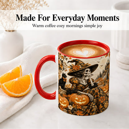 #pl[11oz|Red] Gothic Halloween Ceramic Mug, Skeleton Witch and Black Cat Artwork
