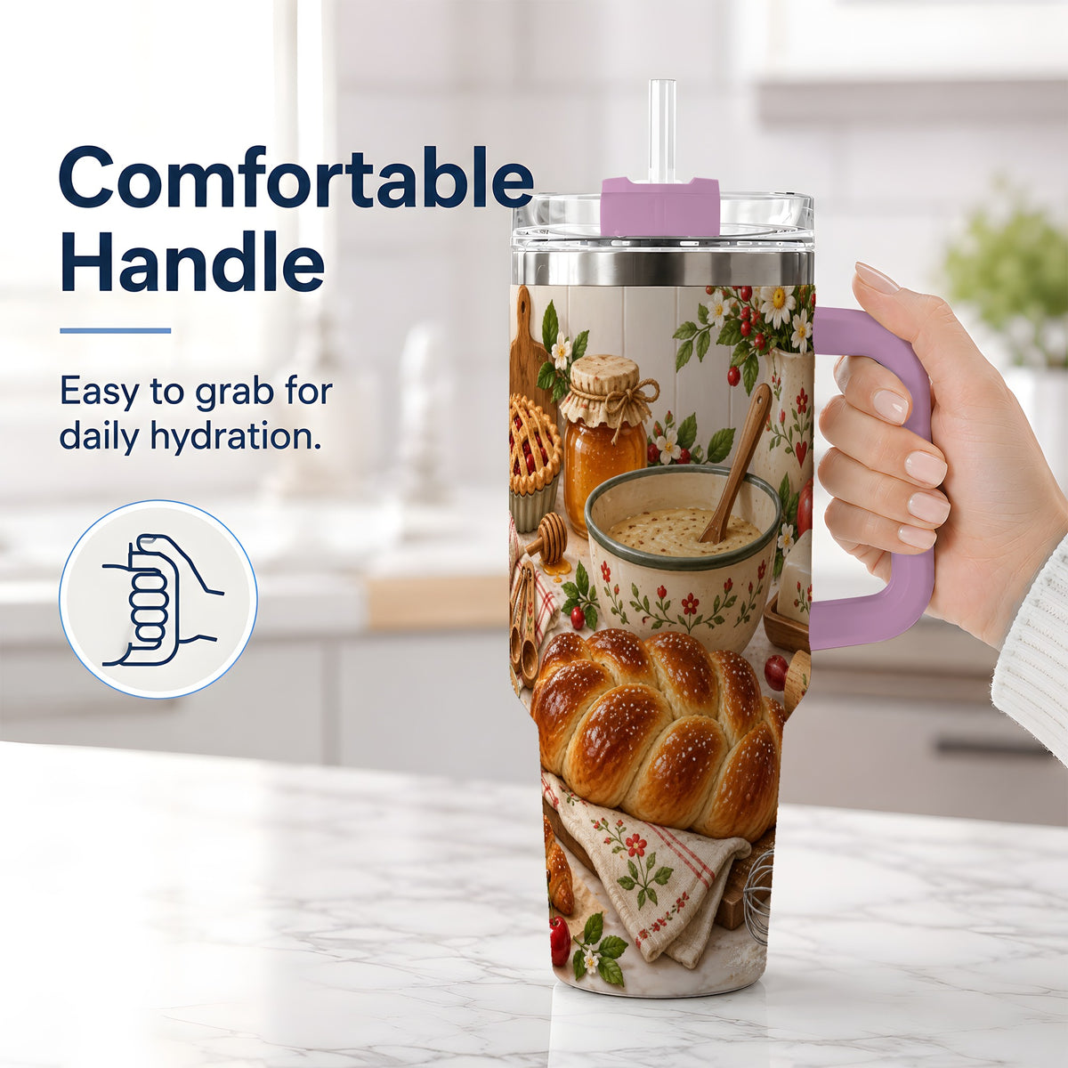 #pl[40oz|Pink] Cozy Baking 40oz Tumbler, Bread Floral Country Kitchen Scene Artwork