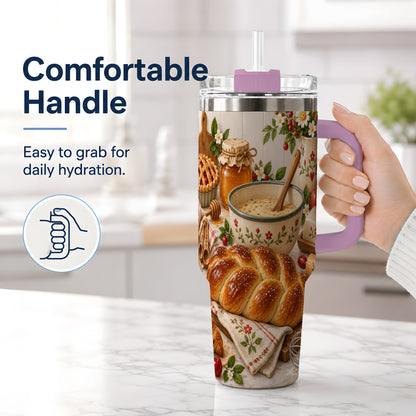 #pl[40oz|Pink] Cozy Baking 40oz Tumbler, Bread Floral Country Kitchen Scene Artwork