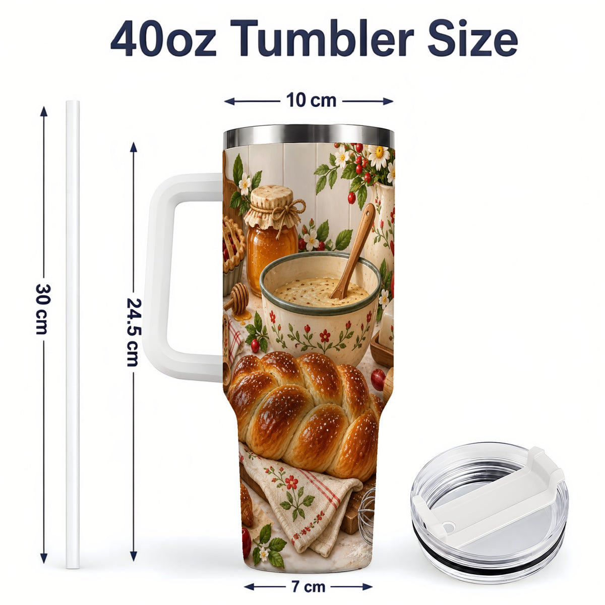 #pl[40oz|White] Cozy Baking 40oz Tumbler, Bread Floral Country Kitchen Scene Artwork