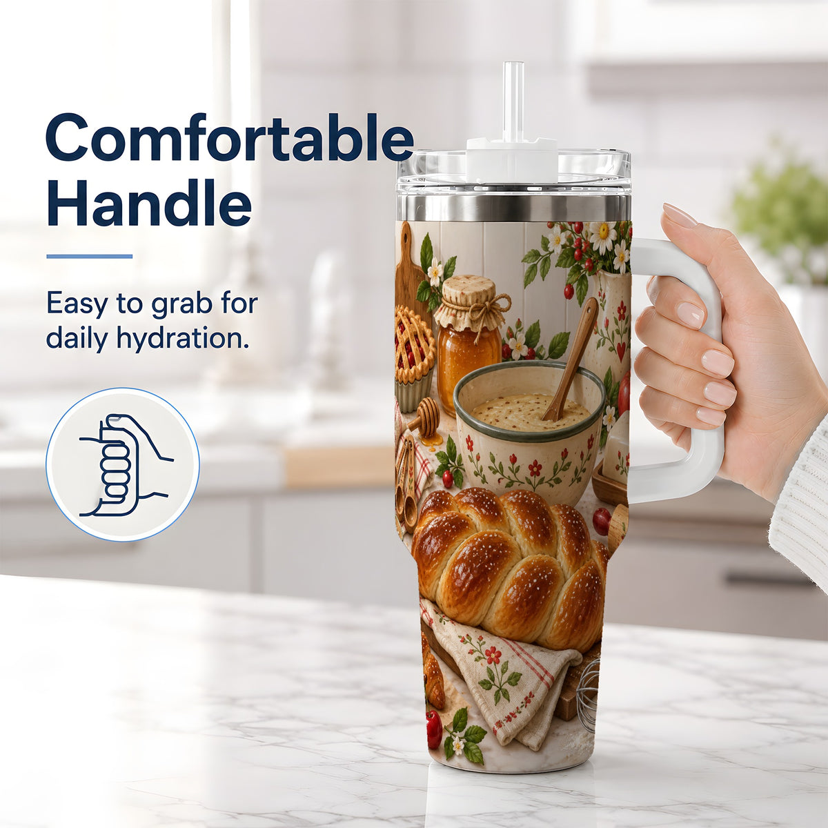 #pl[40oz|White] Cozy Baking 40oz Tumbler, Bread Floral Country Kitchen Scene Artwork