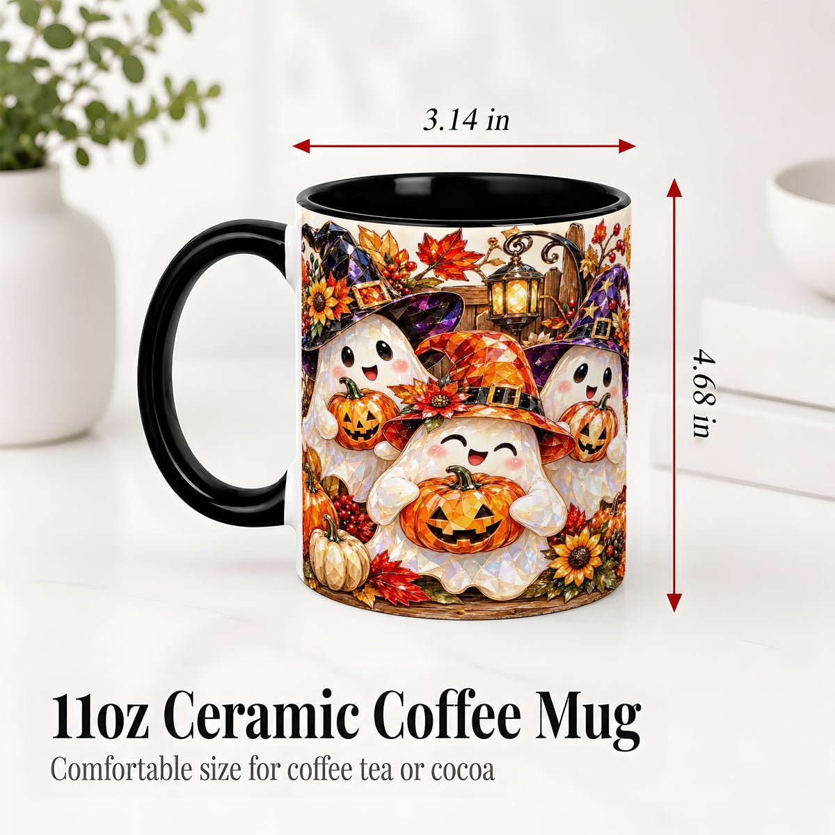 #pl[11oz|Black] Cute Halloween Ghost Ceramic Mug, Witch Hat Pumpkin Art for Ghost Fans