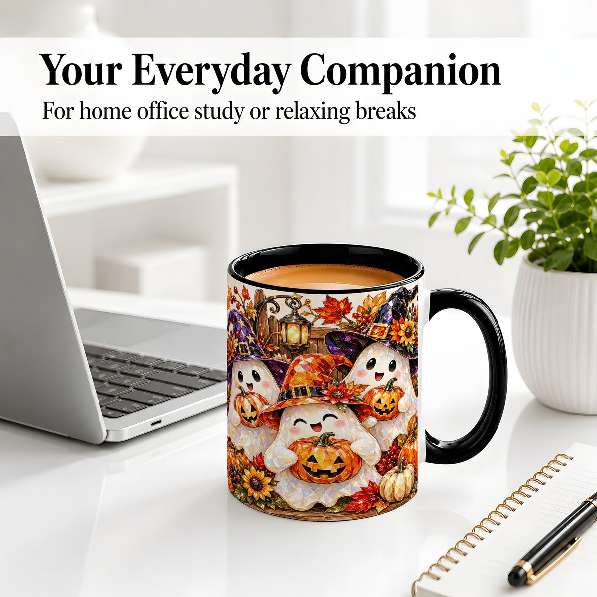 #pl[11oz|Black] Cute Halloween Ghost Ceramic Mug, Witch Hat Pumpkin Art for Ghost Fans