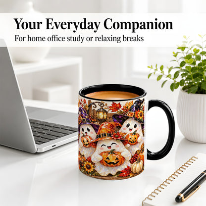 #pl[11oz|Black] Cute Halloween Ghost Ceramic Mug, Witch Hat Pumpkin Art for Ghost Fans