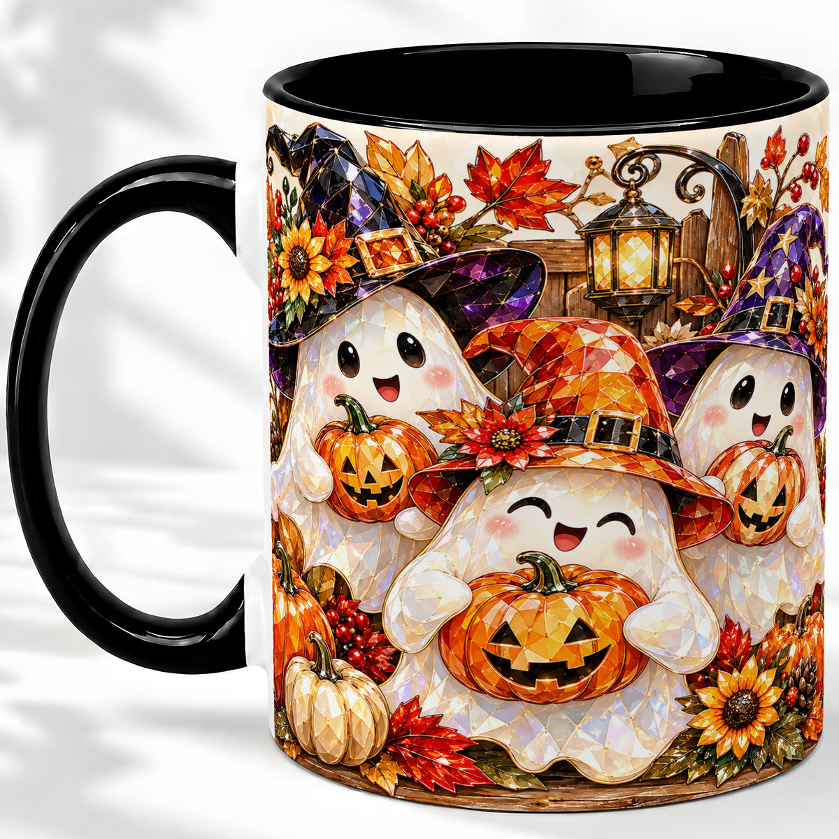 #pl[11oz|Black] Cute Halloween Ghost Ceramic Mug, Witch Hat Pumpkin Art for Ghost Fans