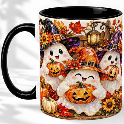 #pl[11oz|Black] Cute Halloween Ghost Ceramic Mug, Witch Hat Pumpkin Art for Ghost Fans