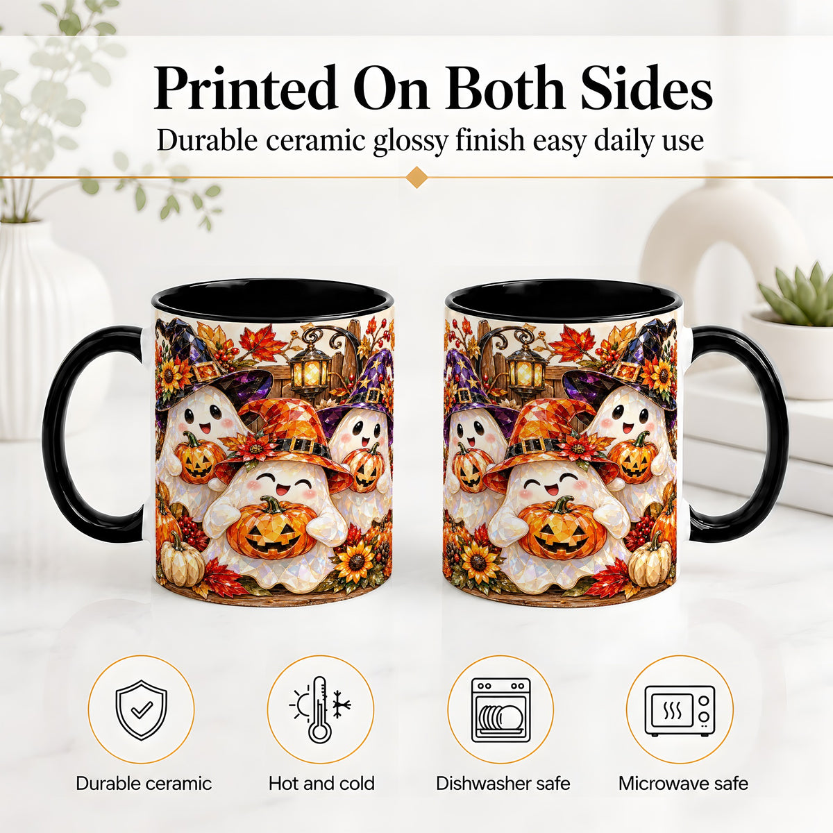 #pl[11oz|Black] Cute Halloween Ghost Ceramic Mug, Witch Hat Pumpkin Art for Ghost Fans