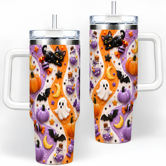 Halloween Black Cat 40oz Tumbler, Pumpkin Ghost Candy Pattern Artwork