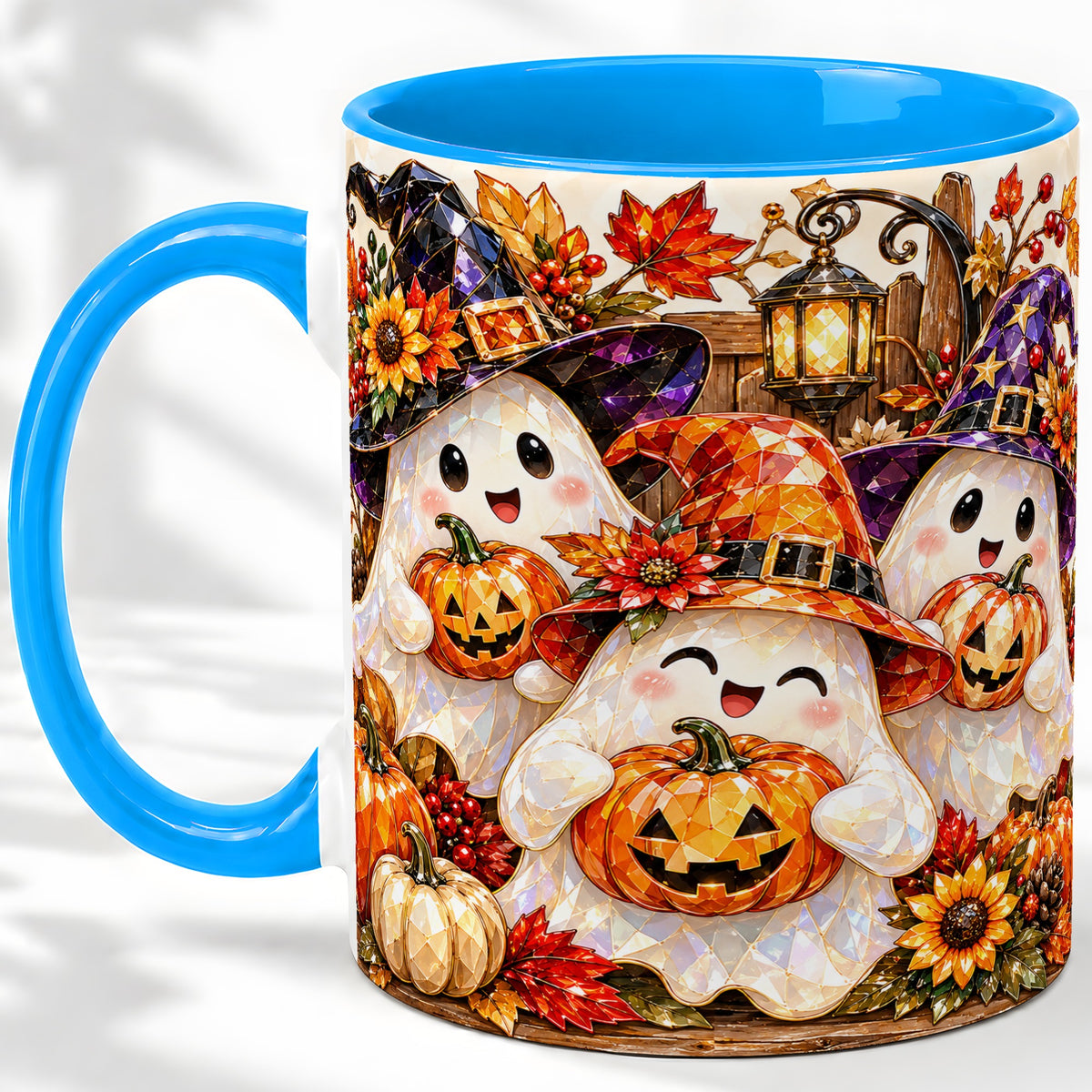 #pl[11oz|Blue] Cute Halloween Ghost Ceramic Mug, Witch Hat Pumpkin Art for Ghost Fans