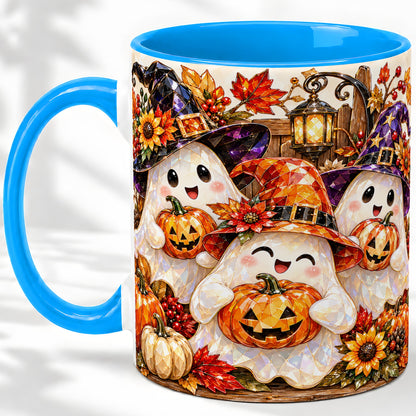#pl[11oz|Blue] Cute Halloween Ghost Ceramic Mug, Witch Hat Pumpkin Art for Ghost Fans