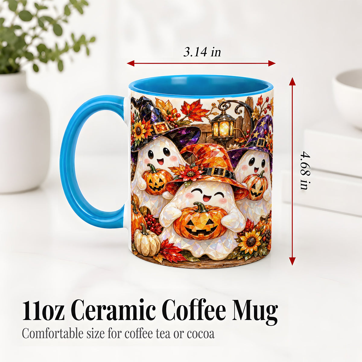 #pl[11oz|Blue] Cute Halloween Ghost Ceramic Mug, Witch Hat Pumpkin Art for Ghost Fans