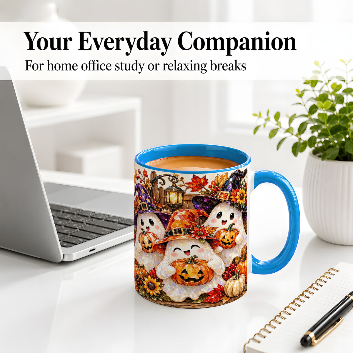 #pl[11oz|Blue] Cute Halloween Ghost Ceramic Mug, Witch Hat Pumpkin Art for Ghost Fans