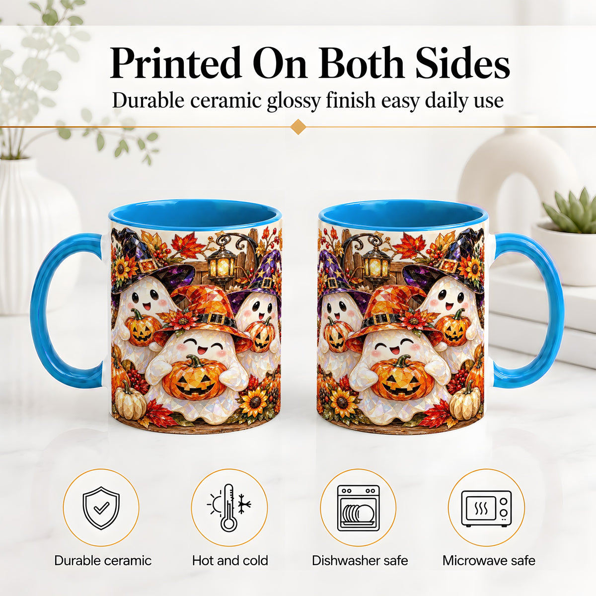 #pl[11oz|Blue] Cute Halloween Ghost Ceramic Mug, Witch Hat Pumpkin Art for Ghost Fans