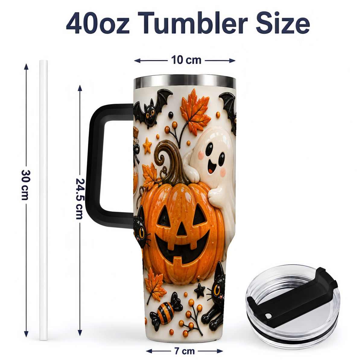 #pl[40oz|Black] Halloween Pumpkin 40oz Tumbler, Black Cat Ghost Autumn Scene Artwork