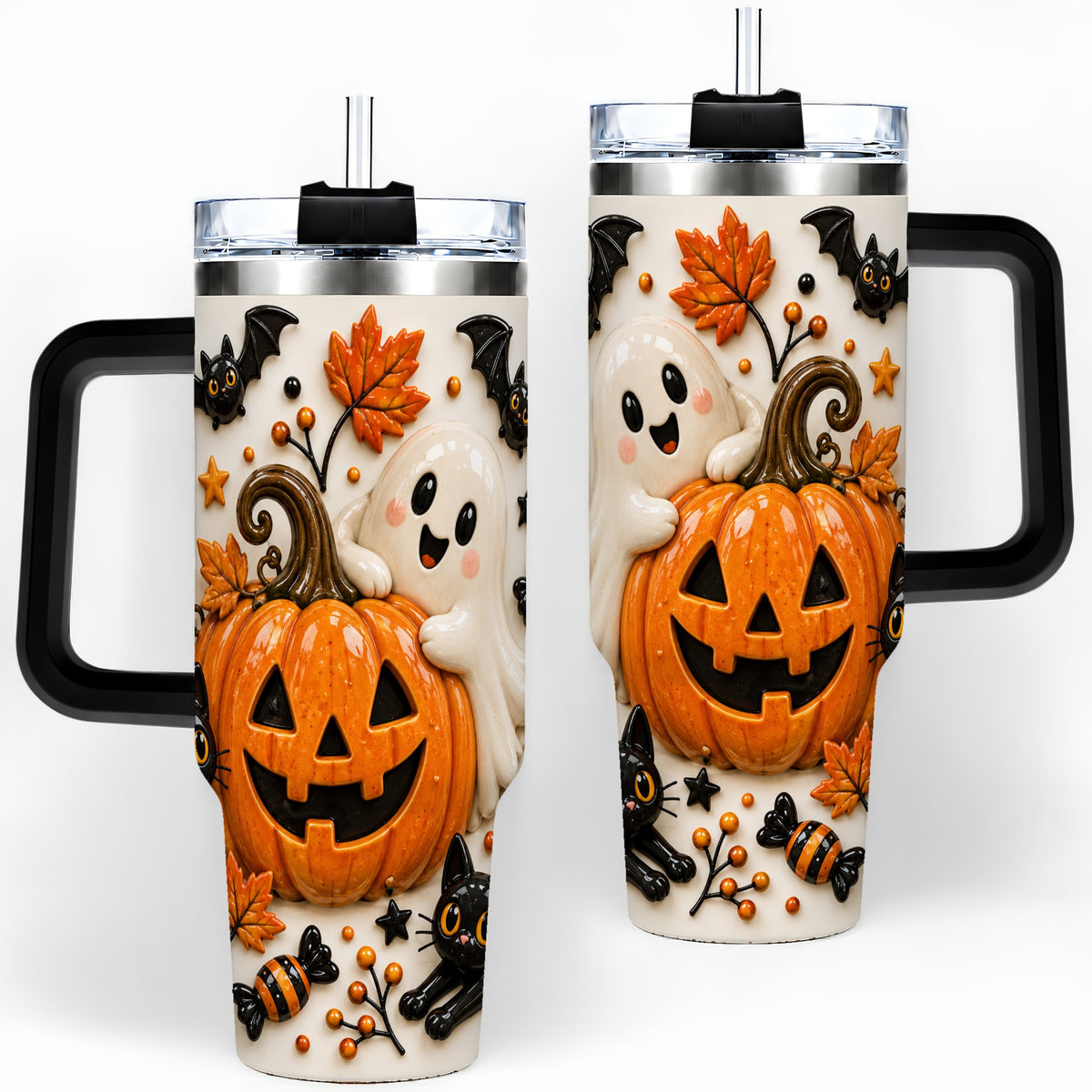 #pl[40oz|Black] Halloween Pumpkin 40oz Tumbler, Black Cat Ghost Autumn Scene Artwork