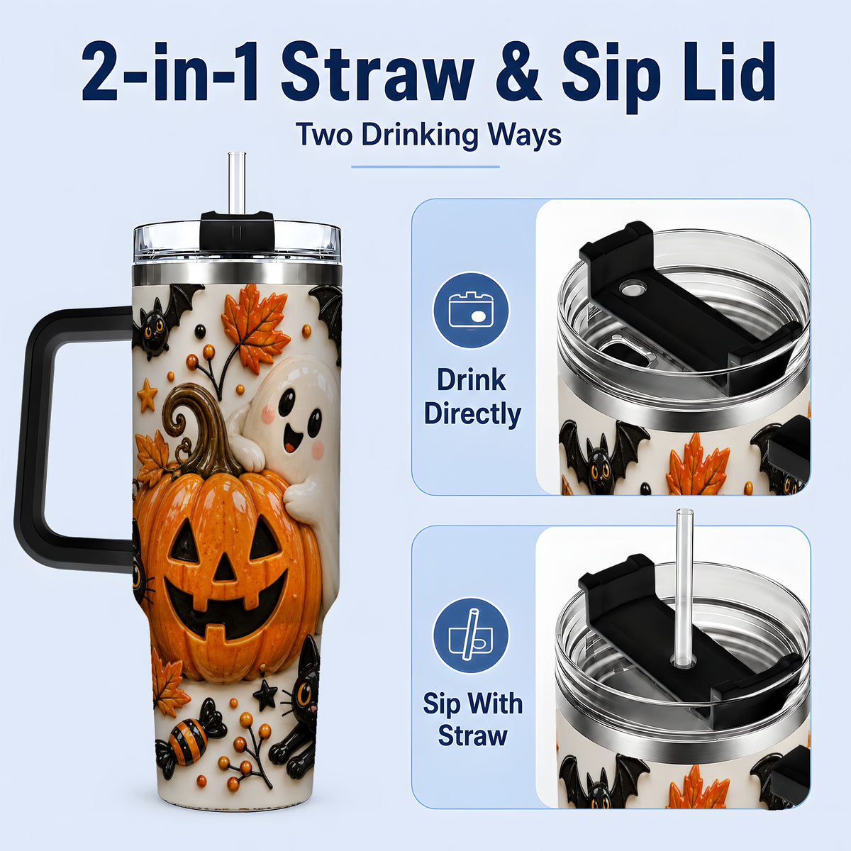 #pl[40oz|Black] Halloween Pumpkin 40oz Tumbler, Black Cat Ghost Autumn Scene Artwork