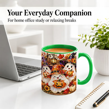 #pl[11oz|Green] Cute Halloween Ghost Ceramic Mug, Witch Hat Pumpkin Art for Ghost Fans