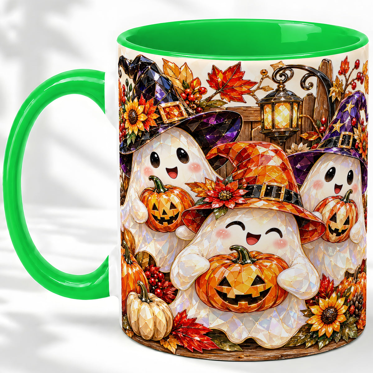 #pl[11oz|Green] Cute Halloween Ghost Ceramic Mug, Witch Hat Pumpkin Art for Ghost Fans