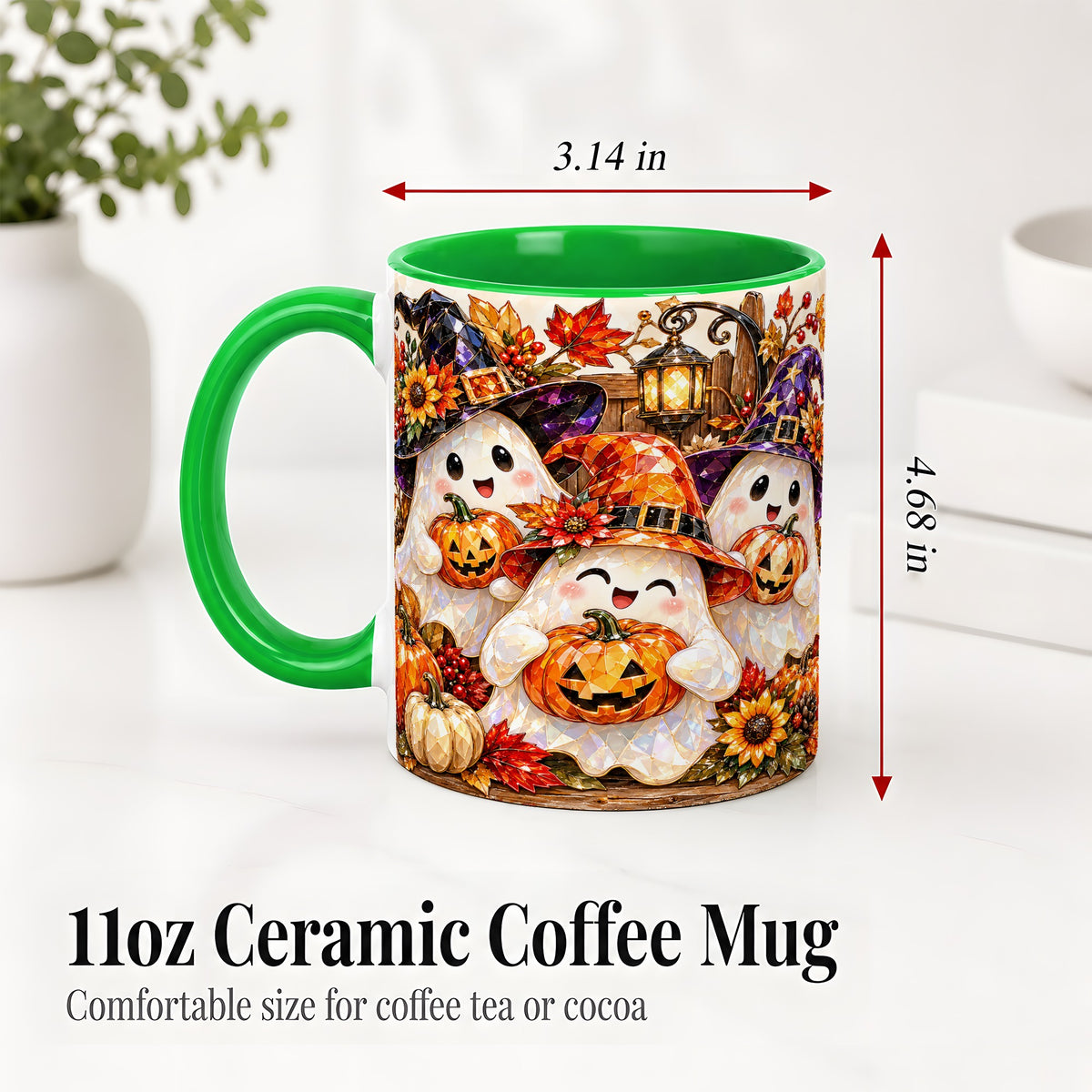 #pl[11oz|Green] Cute Halloween Ghost Ceramic Mug, Witch Hat Pumpkin Art for Ghost Fans