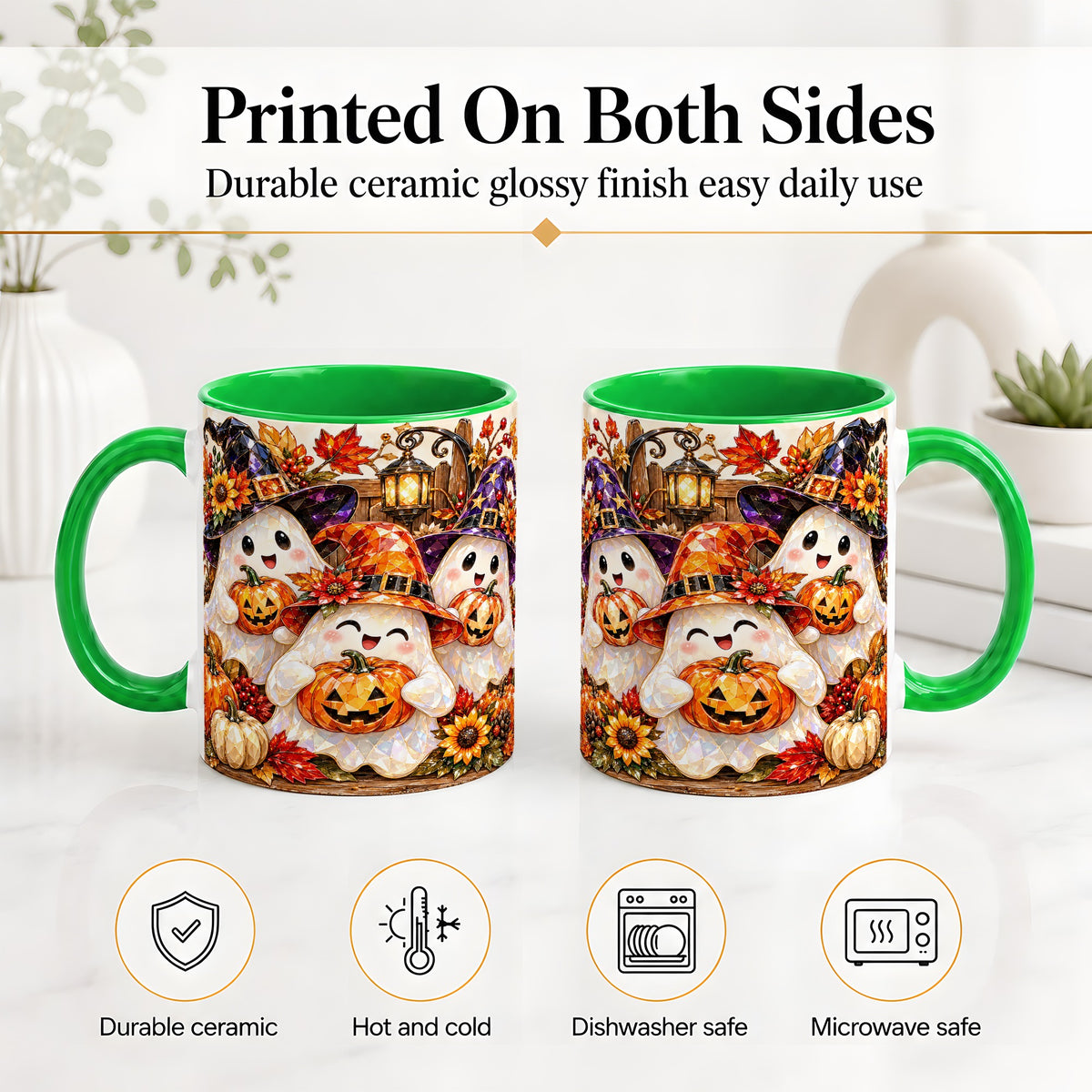 #pl[11oz|Green] Cute Halloween Ghost Ceramic Mug, Witch Hat Pumpkin Art for Ghost Fans
