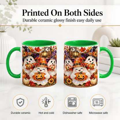 #pl[11oz|Green] Cute Halloween Ghost Ceramic Mug, Witch Hat Pumpkin Art for Ghost Fans
