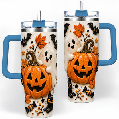 #pl[40oz|Blue] Halloween Pumpkin 40oz Tumbler, Black Cat Ghost Autumn Scene Artwork