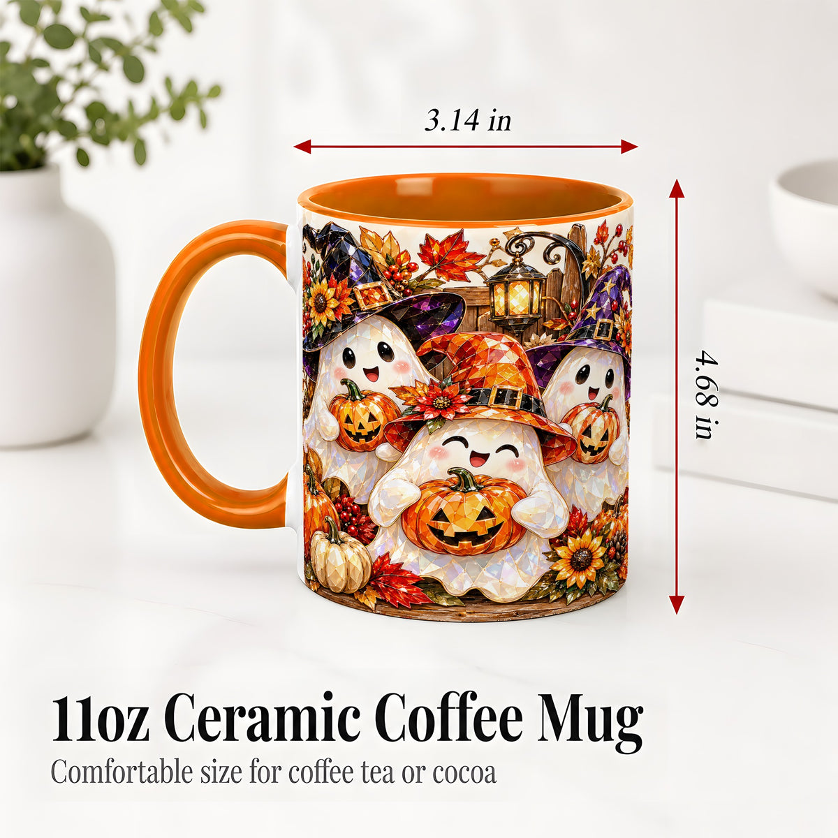 #pl[11oz|Orange] Cute Halloween Ghost Ceramic Mug, Witch Hat Pumpkin Art for Ghost Fans