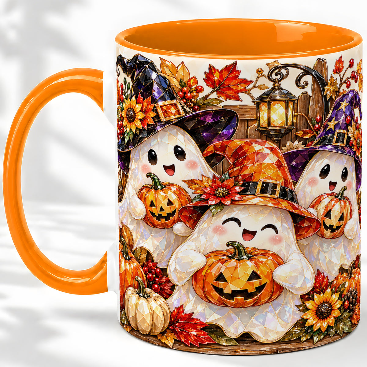 #pl[11oz|Orange] Cute Halloween Ghost Ceramic Mug, Witch Hat Pumpkin Art for Ghost Fans