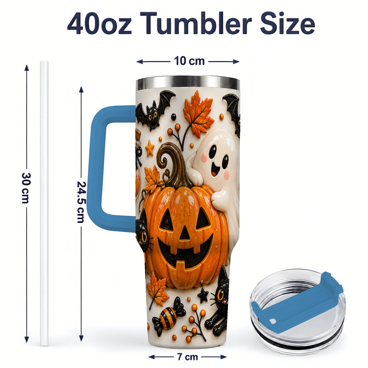 #pl[40oz|Blue] Halloween Pumpkin 40oz Tumbler, Black Cat Ghost Autumn Scene Artwork