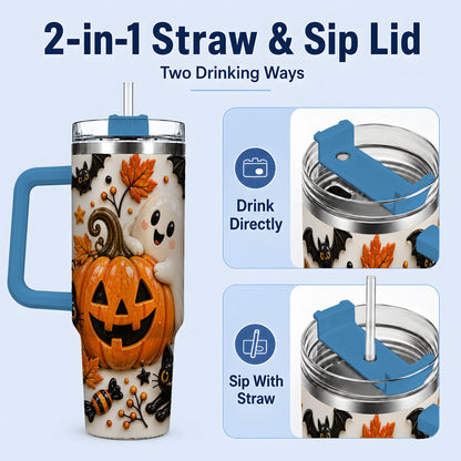 #pl[40oz|Blue] Halloween Pumpkin 40oz Tumbler, Black Cat Ghost Autumn Scene Artwork