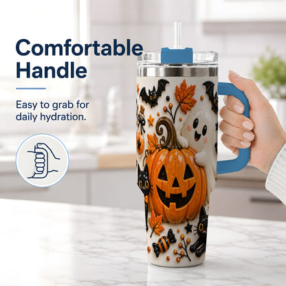 #pl[40oz|Blue] Halloween Pumpkin 40oz Tumbler, Black Cat Ghost Autumn Scene Artwork