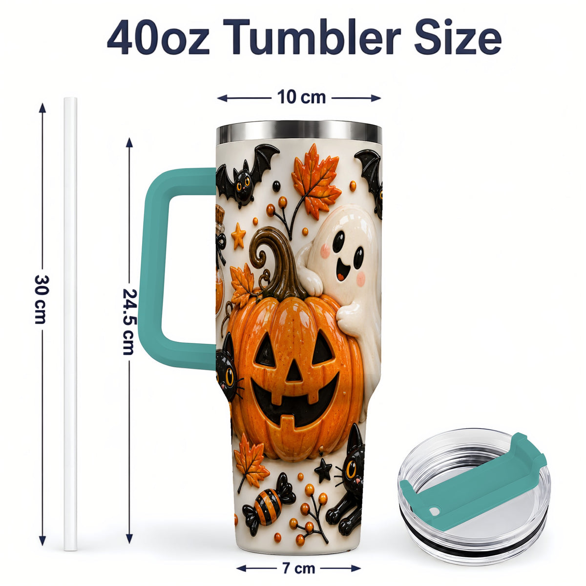 #pl[40oz|Green] Halloween Pumpkin 40oz Tumbler, Black Cat Ghost Autumn Scene Artwork