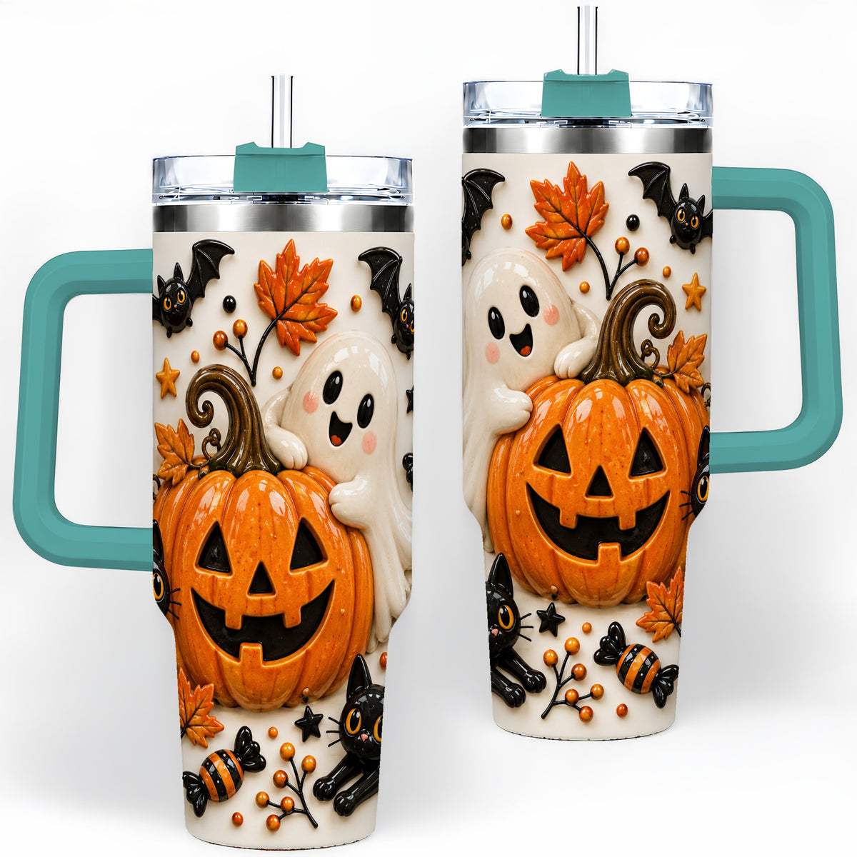 #pl[40oz|Green] Halloween Pumpkin 40oz Tumbler, Black Cat Ghost Autumn Scene Artwork