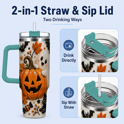 #pl[40oz|Green] Halloween Pumpkin 40oz Tumbler, Black Cat Ghost Autumn Scene Artwork
