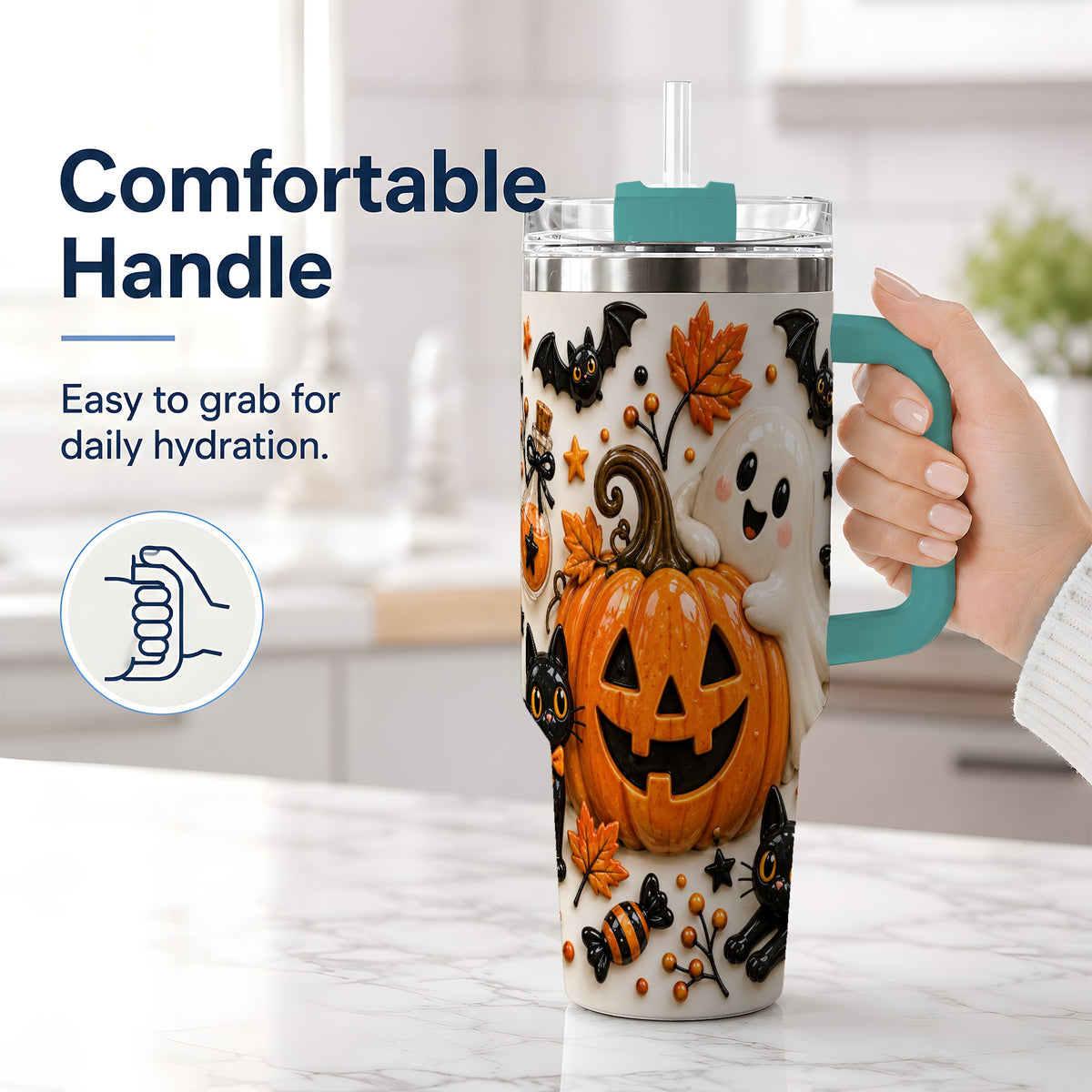 #pl[40oz|Green] Halloween Pumpkin 40oz Tumbler, Black Cat Ghost Autumn Scene Artwork