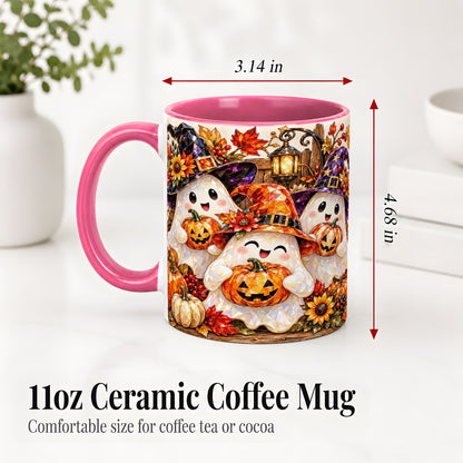 #pl[11oz|Pink] Cute Halloween Ghost Ceramic Mug, Witch Hat Pumpkin Art for Ghost Fans