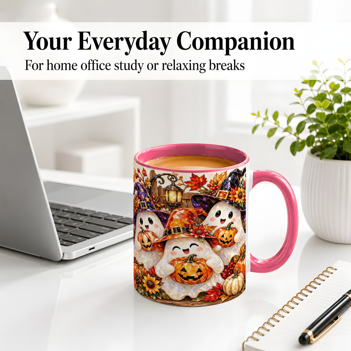 #pl[11oz|Pink] Cute Halloween Ghost Ceramic Mug, Witch Hat Pumpkin Art for Ghost Fans