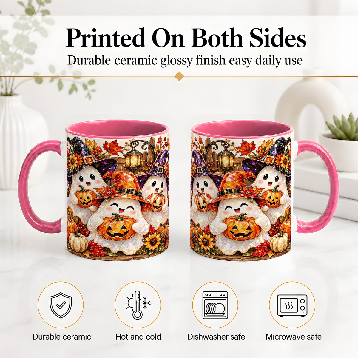 #pl[11oz|Pink] Cute Halloween Ghost Ceramic Mug, Witch Hat Pumpkin Art for Ghost Fans