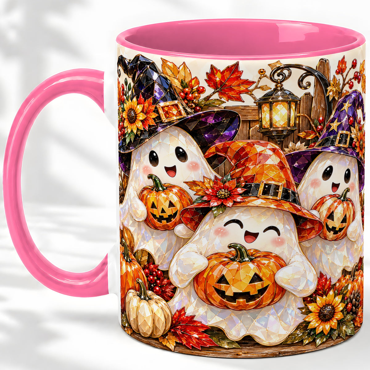 #pl[11oz|Pink] Cute Halloween Ghost Ceramic Mug, Witch Hat Pumpkin Art for Ghost Fans