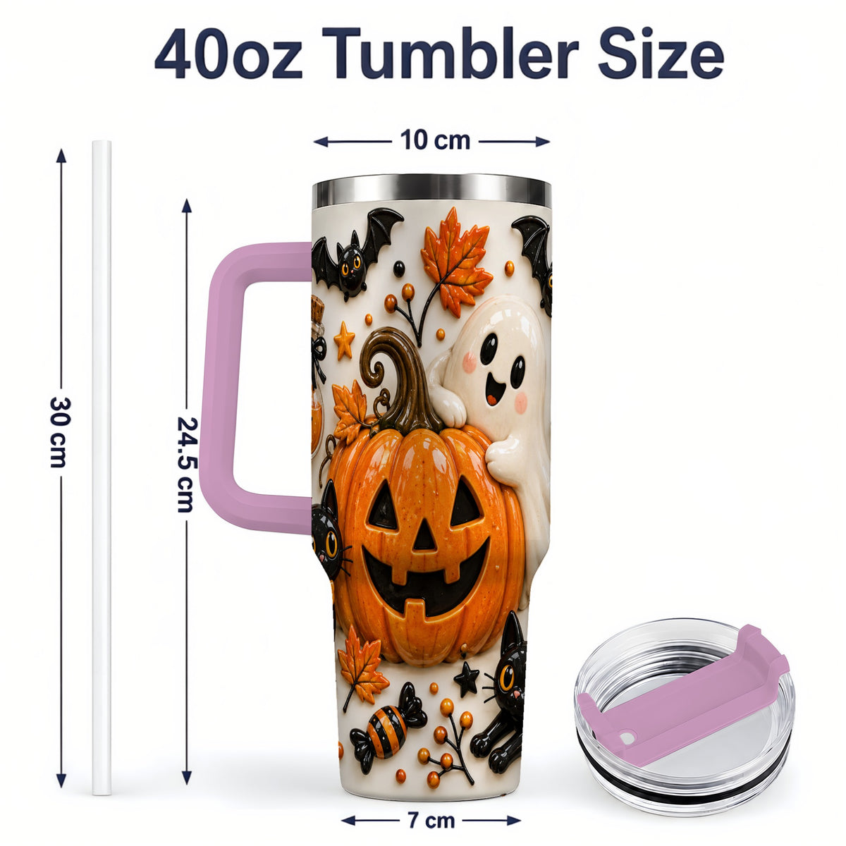 #pl[40oz|Pink] Halloween Pumpkin 40oz Tumbler, Black Cat Ghost Autumn Scene Artwork
