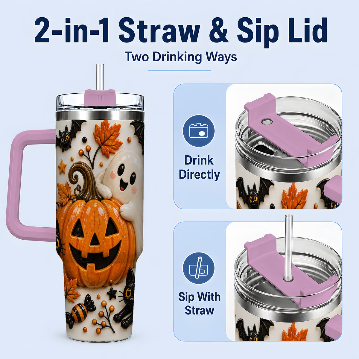 #pl[40oz|Pink] Halloween Pumpkin 40oz Tumbler, Black Cat Ghost Autumn Scene Artwork