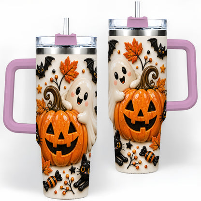 #pl[40oz|Pink] Halloween Pumpkin 40oz Tumbler, Black Cat Ghost Autumn Scene Artwork