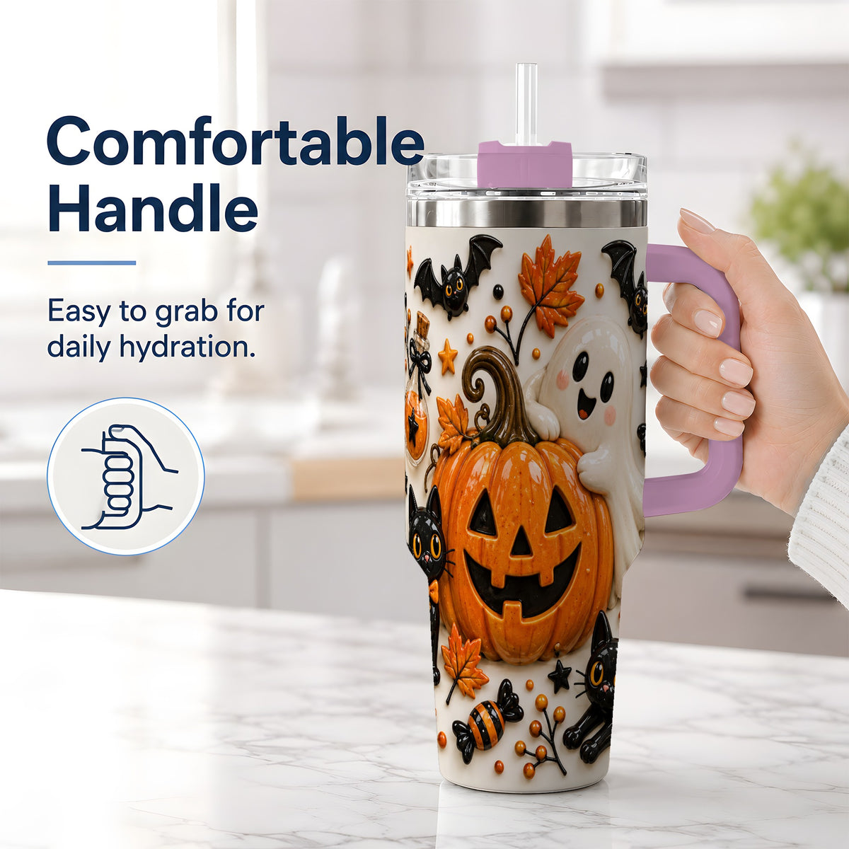 #pl[40oz|Pink] Halloween Pumpkin 40oz Tumbler, Black Cat Ghost Autumn Scene Artwork