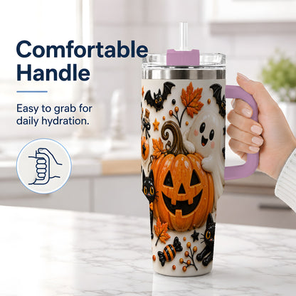#pl[40oz|Pink] Halloween Pumpkin 40oz Tumbler, Black Cat Ghost Autumn Scene Artwork