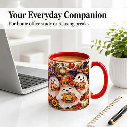 #pl[11oz|Red] Cute Halloween Ghost Ceramic Mug, Witch Hat Pumpkin Art for Ghost Fans