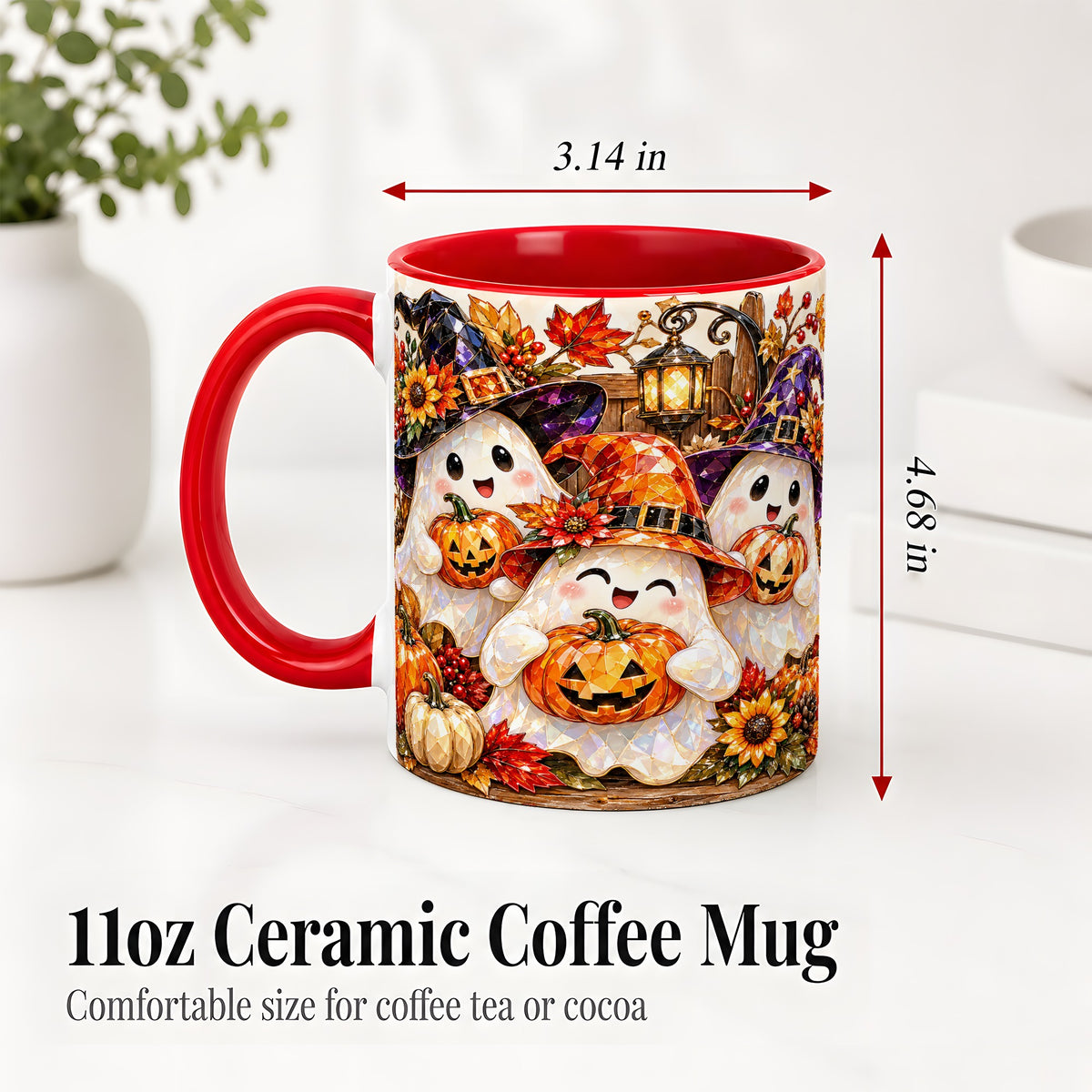 #pl[11oz|Red] Cute Halloween Ghost Ceramic Mug, Witch Hat Pumpkin Art for Ghost Fans