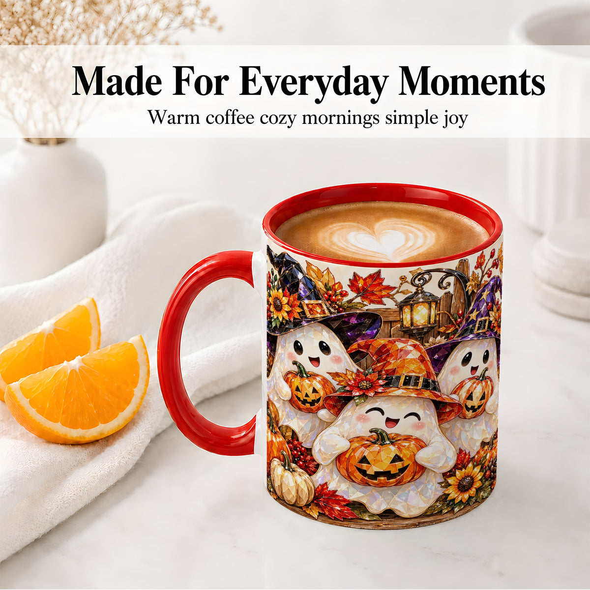 #pl[11oz|Red] Cute Halloween Ghost Ceramic Mug, Witch Hat Pumpkin Art for Ghost Fans
