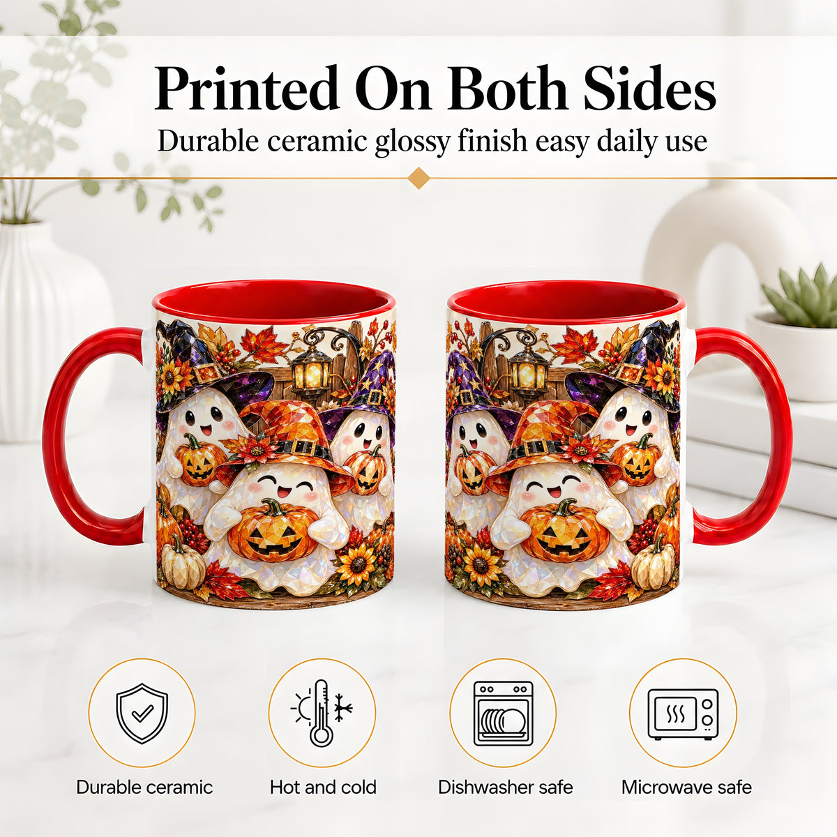 #pl[11oz|Red] Cute Halloween Ghost Ceramic Mug, Witch Hat Pumpkin Art for Ghost Fans