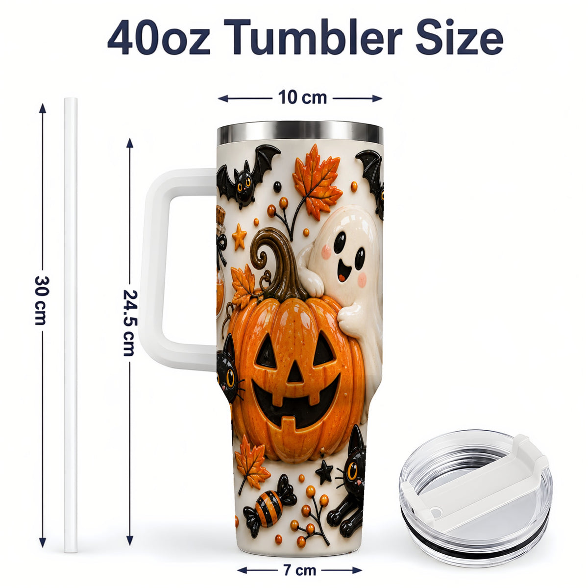 #pl[40oz|White] Halloween Pumpkin 40oz Tumbler, Black Cat Ghost Autumn Scene Artwork